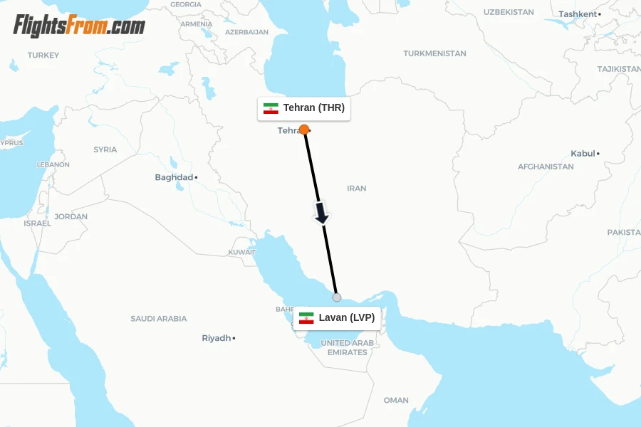 Flights from Tehran to Lavan route map