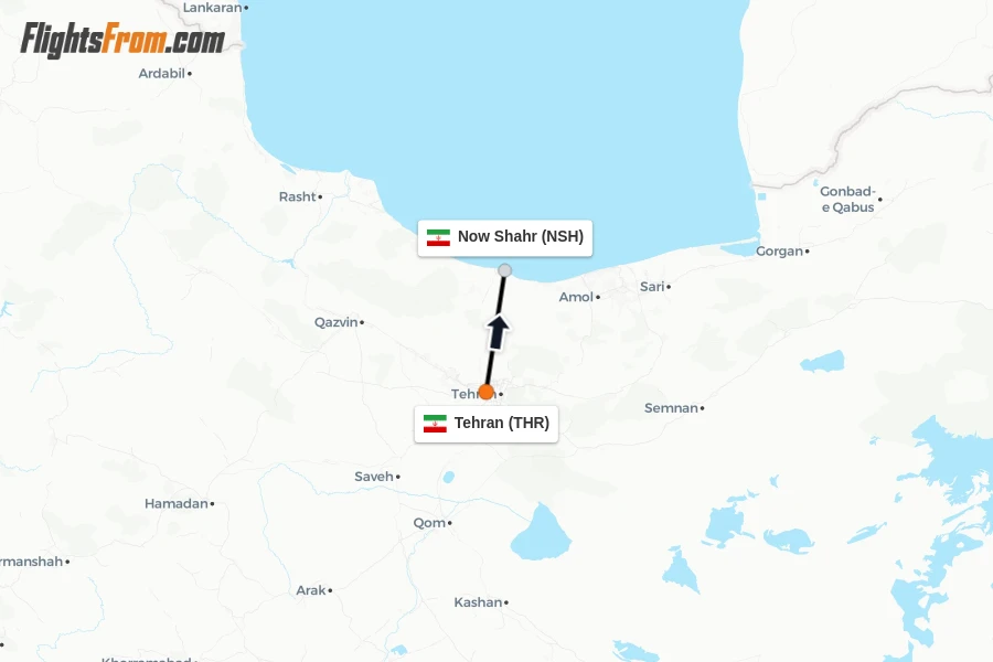 Flights from Tehran to Now Shahr route map