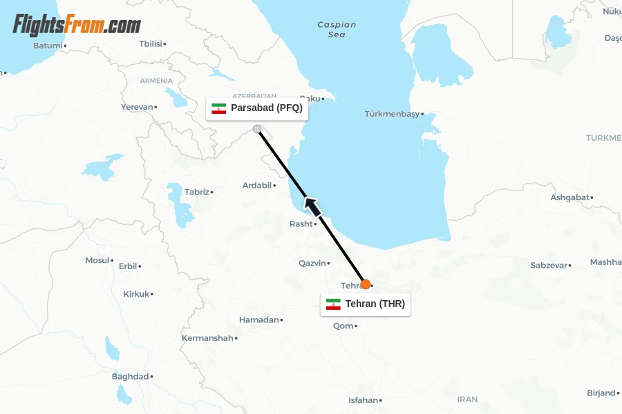 Flights from Tehran to Parsabad route map