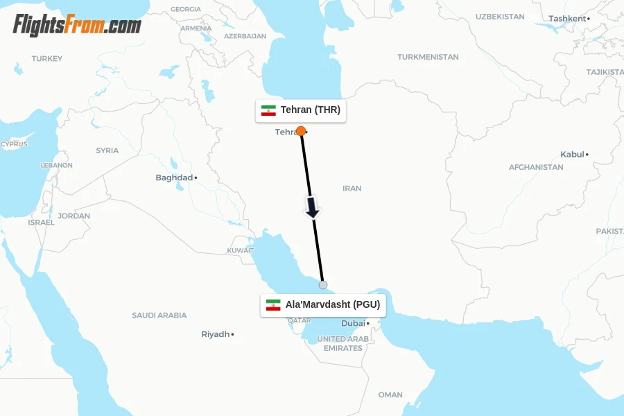 Flights from Tehran to Ala'Marvdasht route map