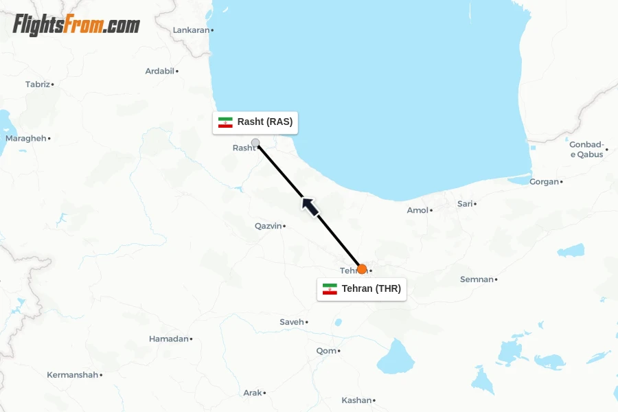 Flights from Tehran to Rasht route map