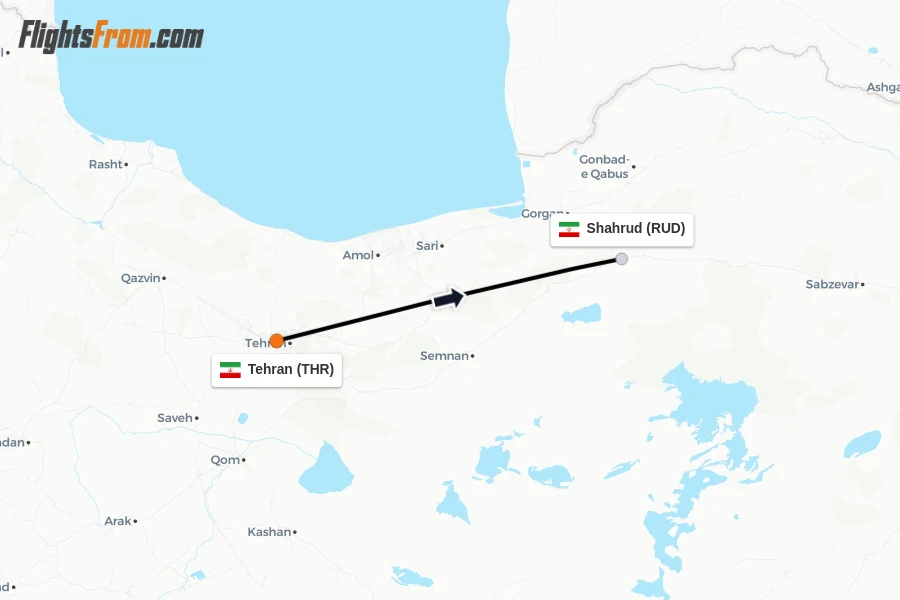 Flights from Tehran to Shahrud route map