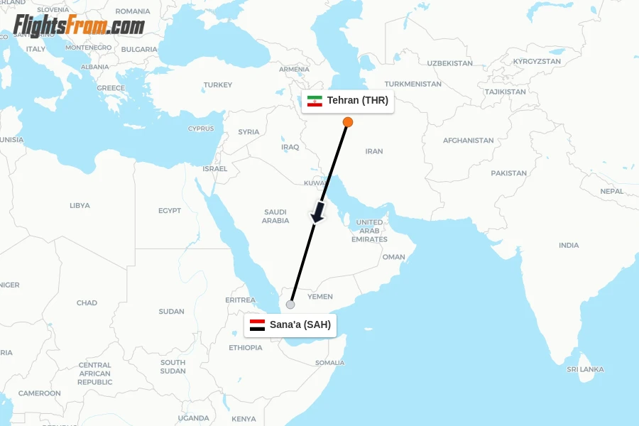 Flights from Tehran to Sana'a route map