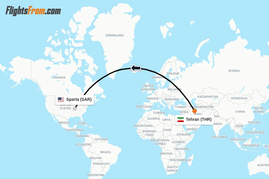 Flights from Tehran to Sparta route map