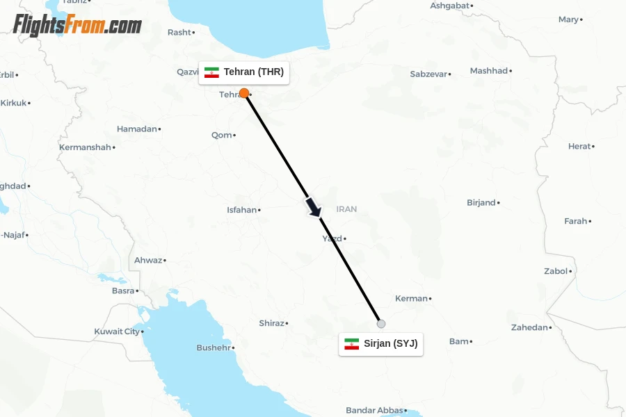 Flights from Tehran to Sirjan route map