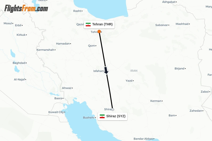 Flights from Tehran to Shiraz route map