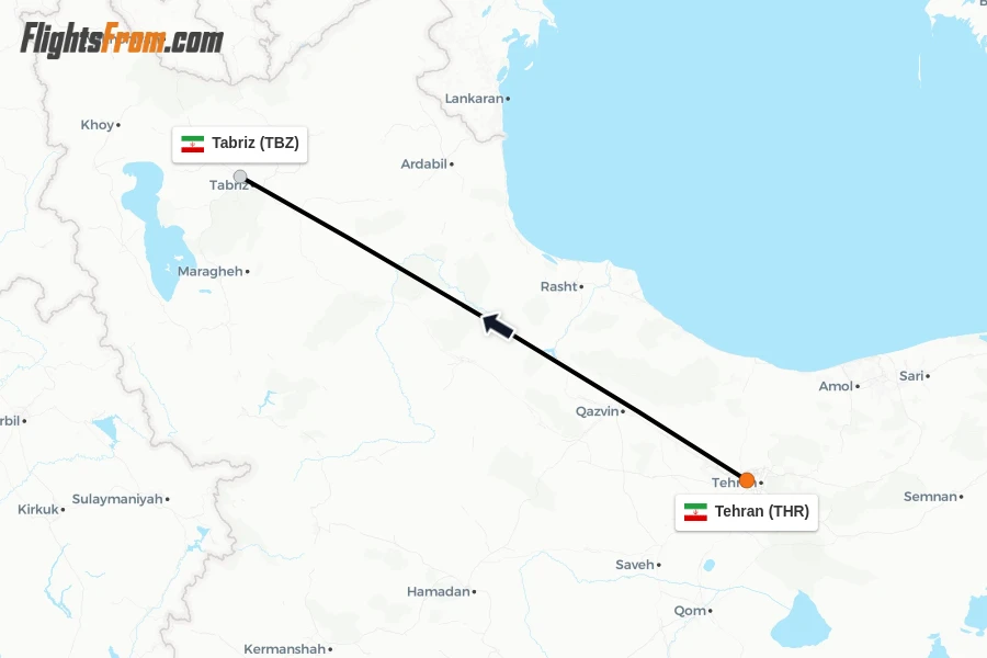 Flights from Tehran to Tabriz route map