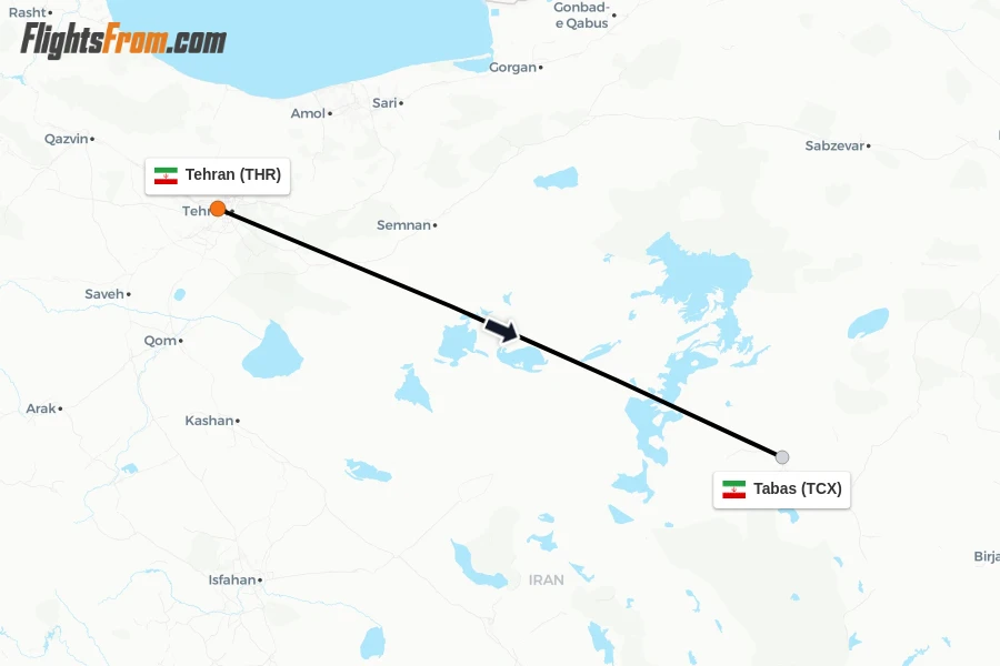 Flights from Tehran to Tabas route map