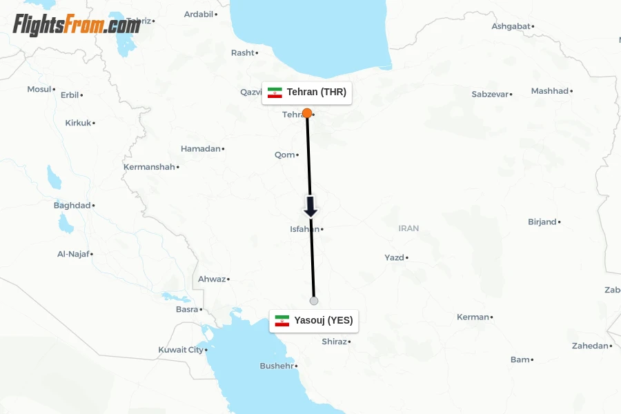 Flights from Tehran to Yasouj route map