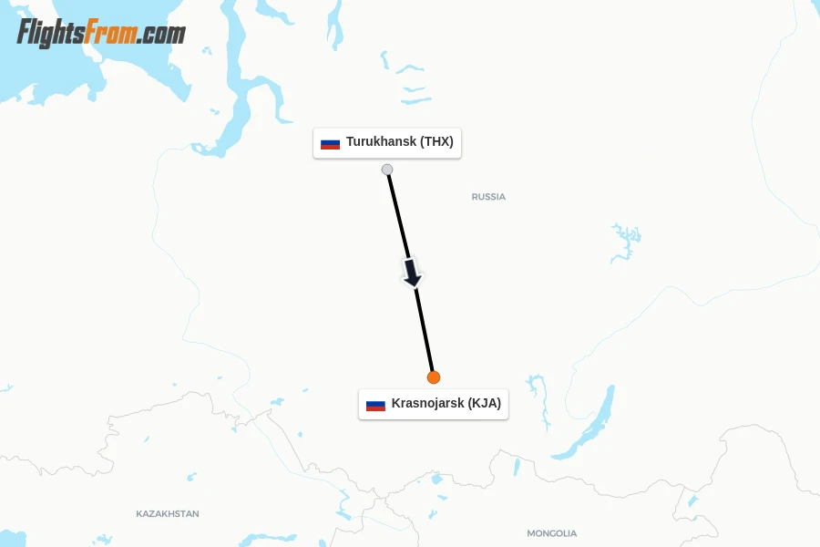 Flights from Turukhansk to Krasnojarsk route map