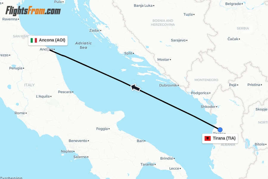 Flights from Tirana to Ancona route map