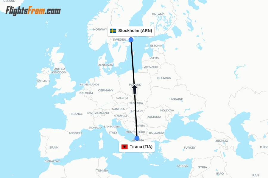 Flights from Tirana to Stockholm route map
