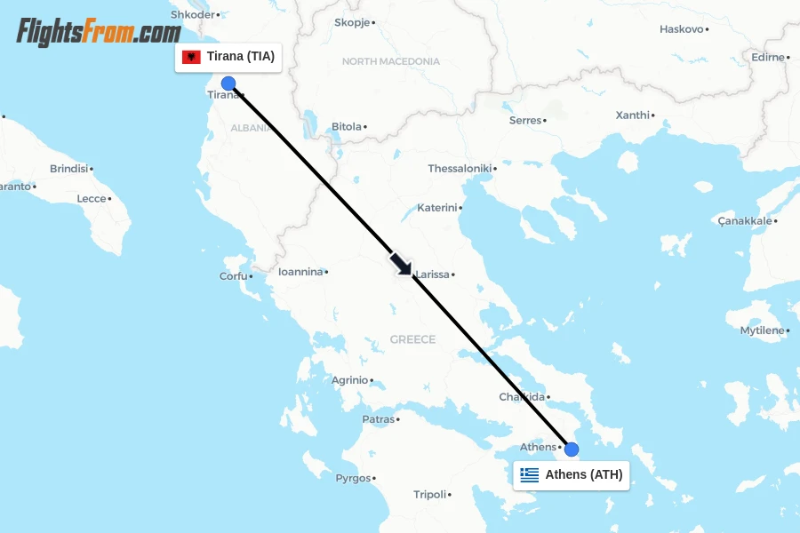 Flights from Tirana to Athens route map