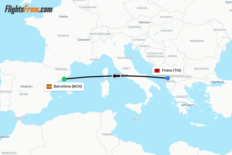 Flights from Tirana to Barcelona route map