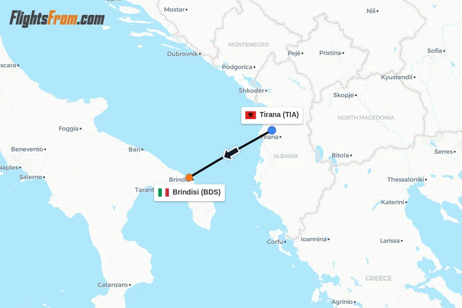 Flights from Tirana to Brindisi route map