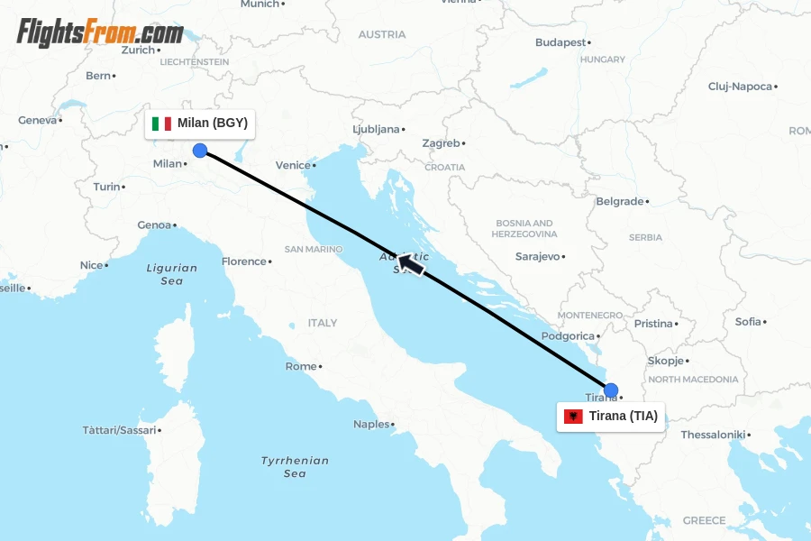 Flights from Tirana to Milan route map