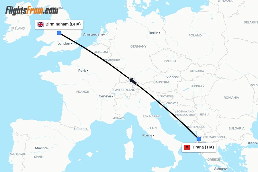 Flights from Tirana to Birmingham route map