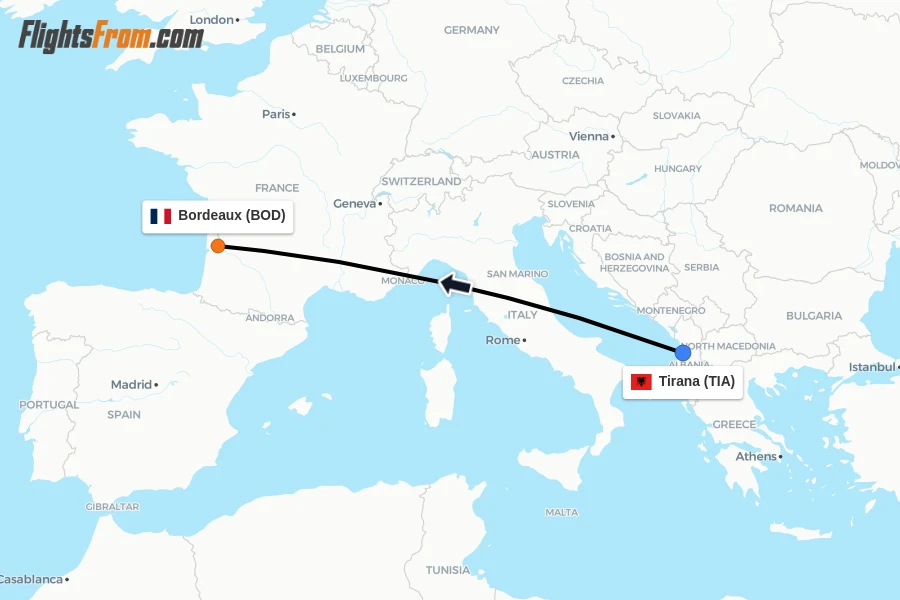 Flights from Tirana to Bordeaux route map