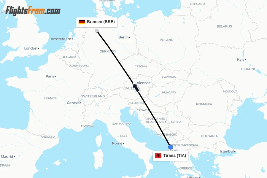 Flights from Tirana to Bremen route map