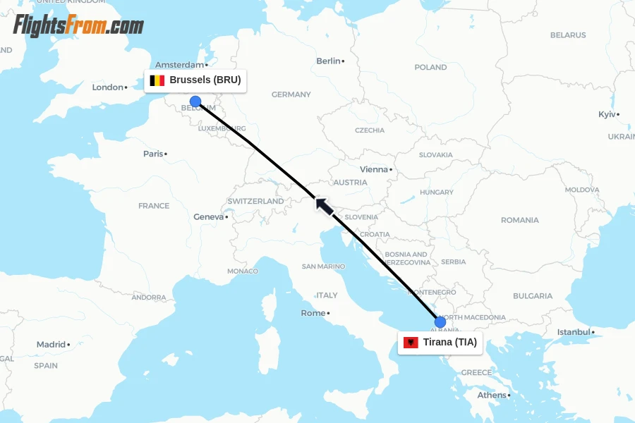 Flights from Tirana to Brussels route map