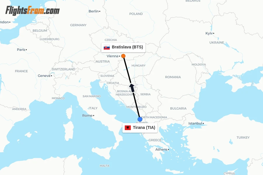 Flights from Tirana to Bratislava route map