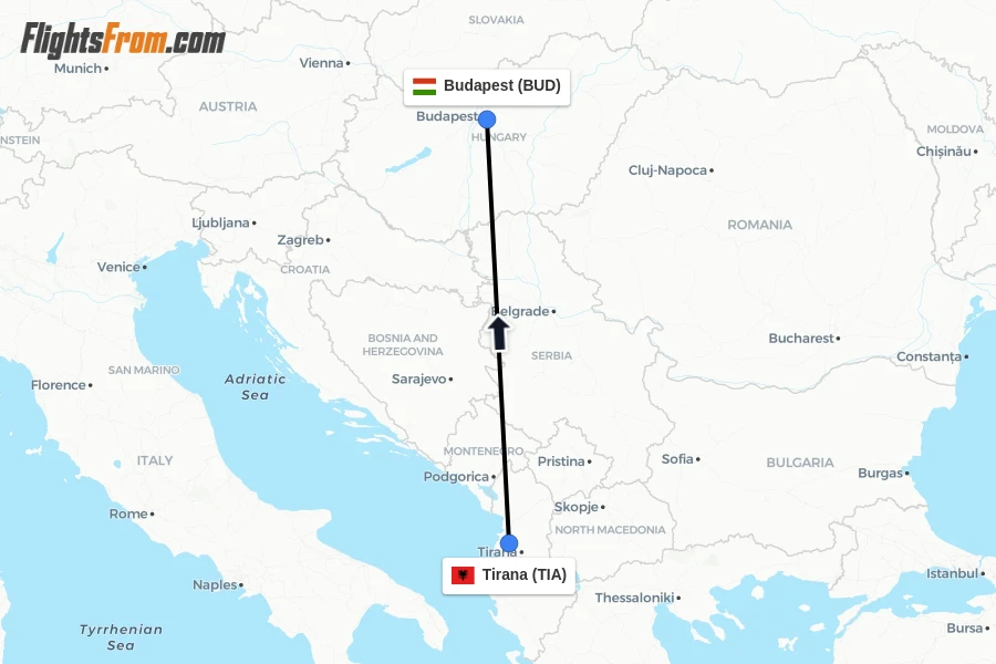 Flights from Tirana to Budapest route map