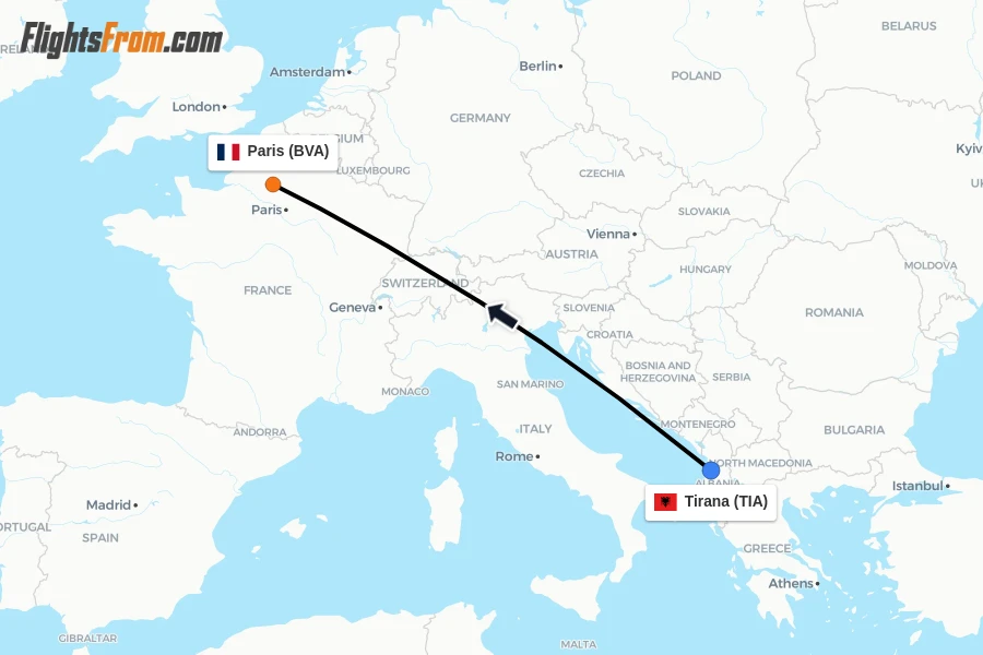 Flights from Tirana to Paris route map