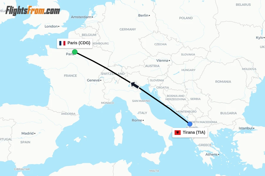 Flights from Tirana to Paris route map