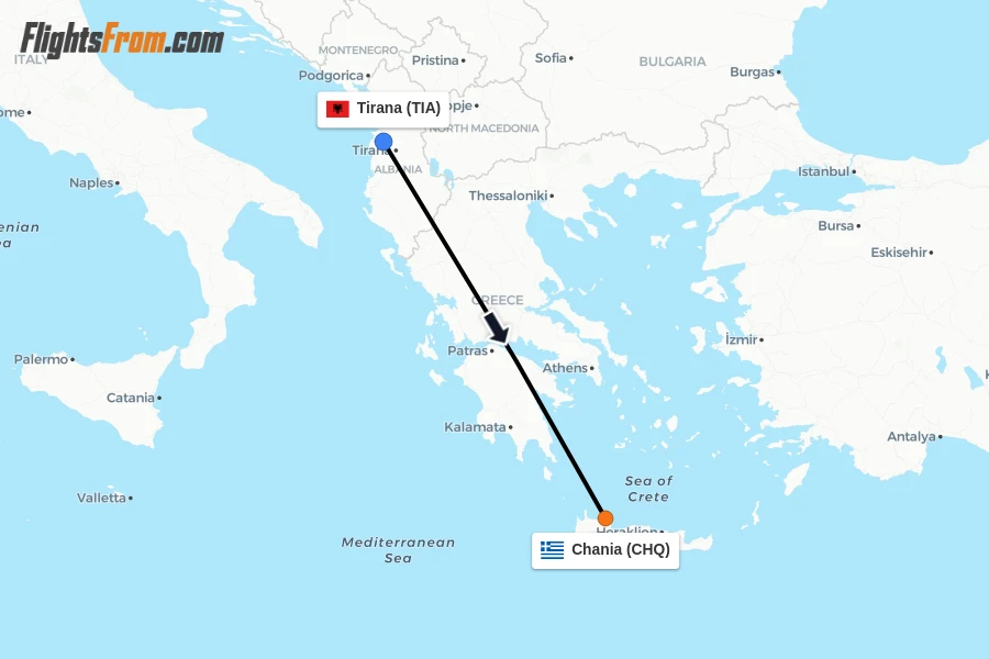 Flights from Tirana to Chania route map