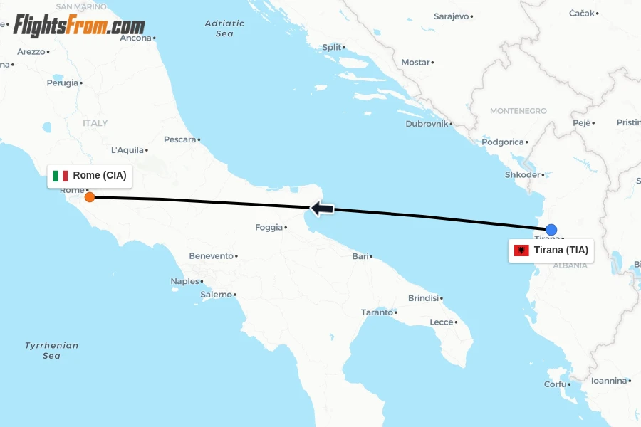 Flights from Tirana to Rome route map