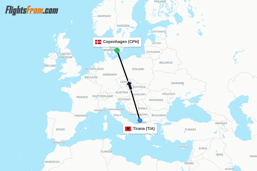 Flights from Tirana to Copenhagen route map