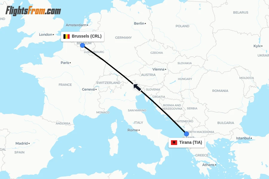 Flights from Tirana to Brussels route map