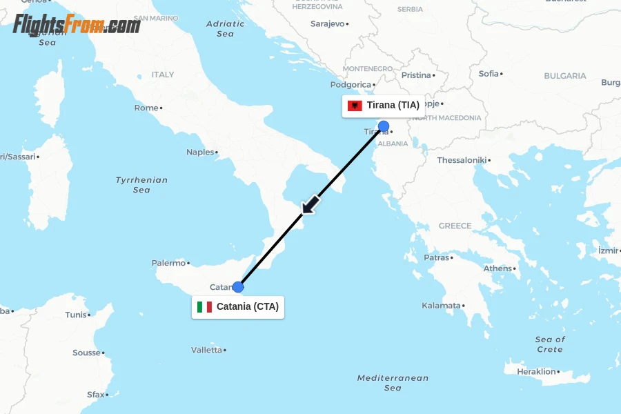 Flights from Tirana to Catania route map