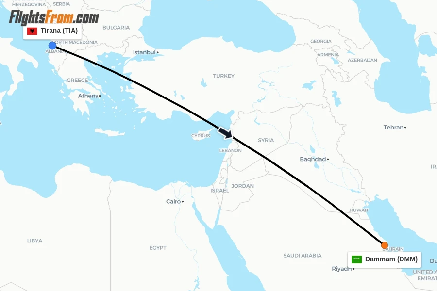 Flights from Tirana to Dammam route map