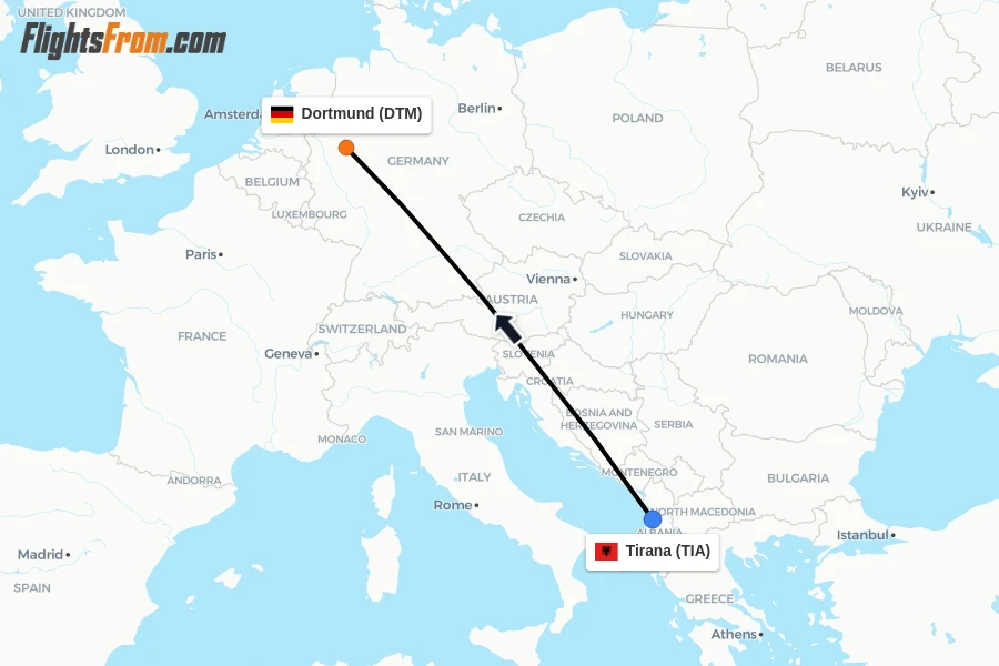 Flights from Tirana to Dortmund route map
