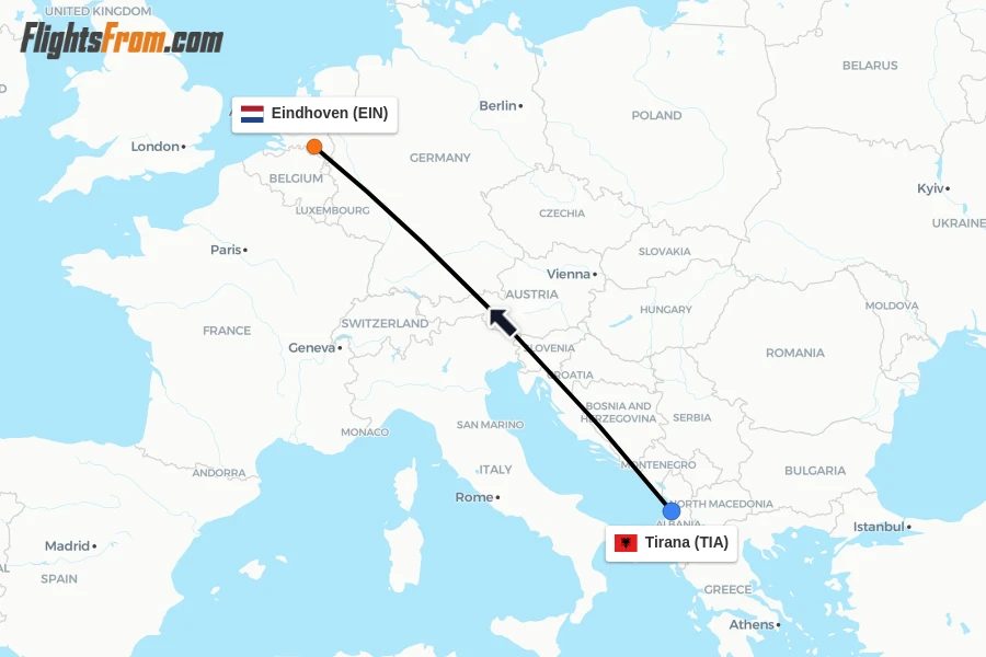 Flights from Tirana to Eindhoven route map