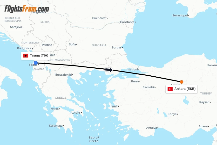 Flights from Tirana to Ankara route map