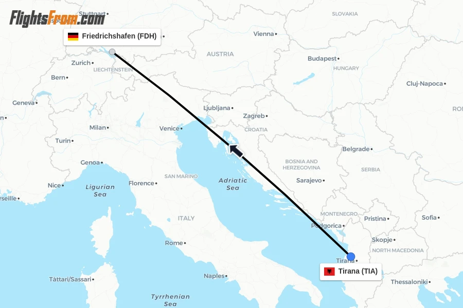 Flights from Tirana to Friedrichshafen route map