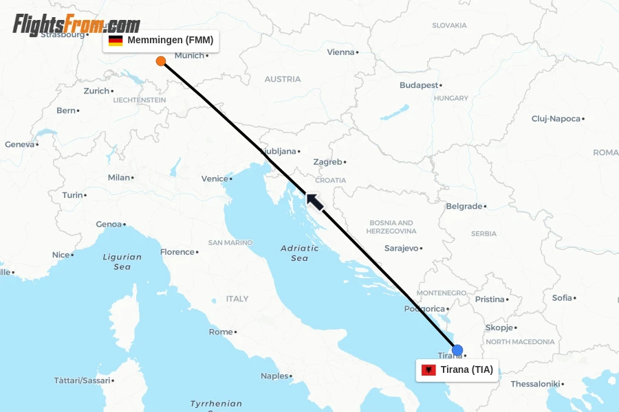 Flights from Tirana to Memmingen route map