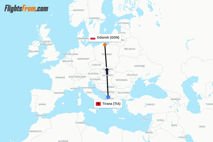 Flights from Tirana to Gdansk route map
