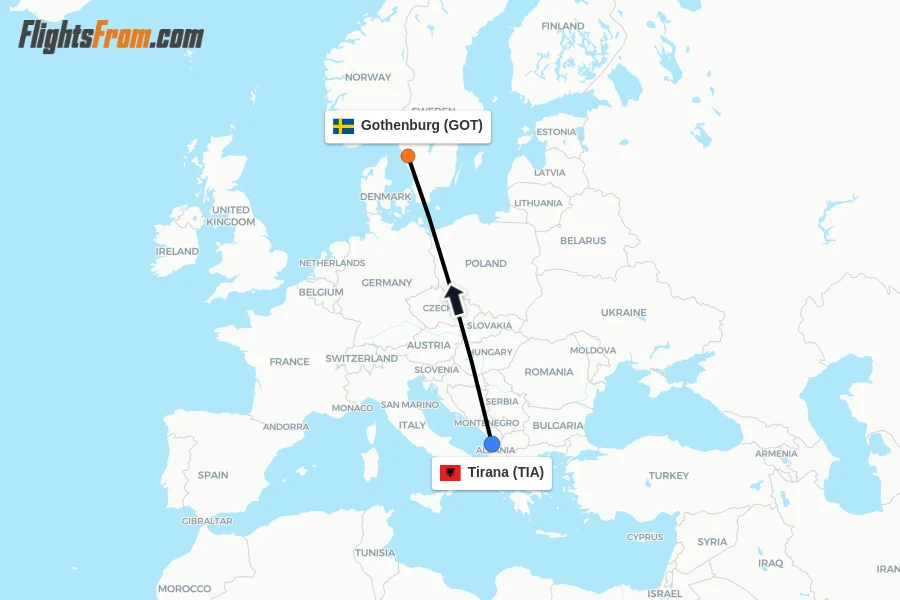 Flights from Tirana to Gothenburg route map