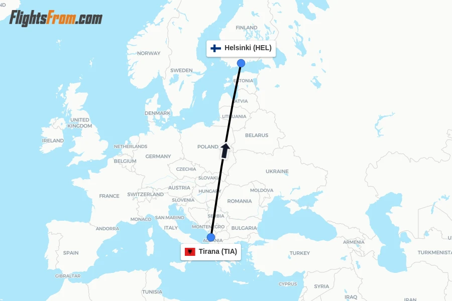Flights from Tirana to Helsinki route map