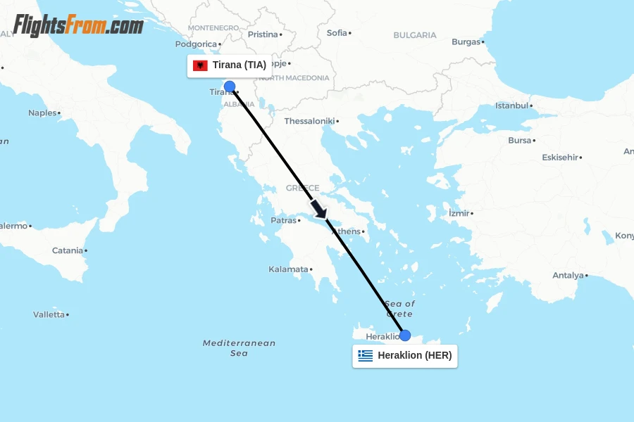 Flights from Tirana to Heraklion route map