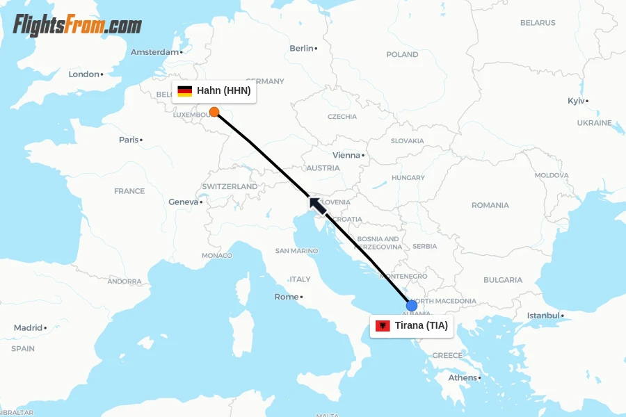 Flights from Tirana to Hahn route map