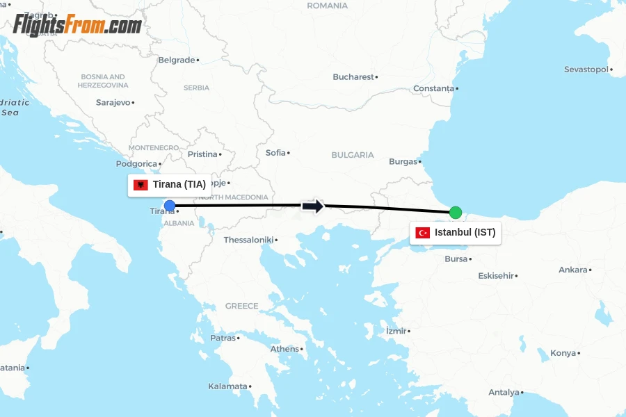 Flights from Tirana to Istanbul route map