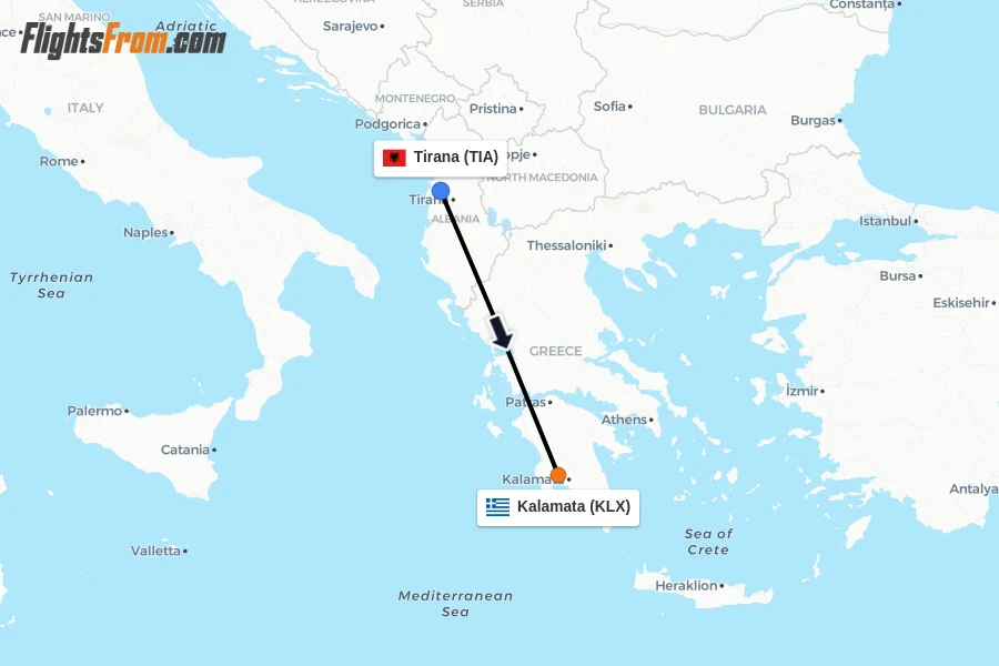 Flights from Tirana to Kalamata route map