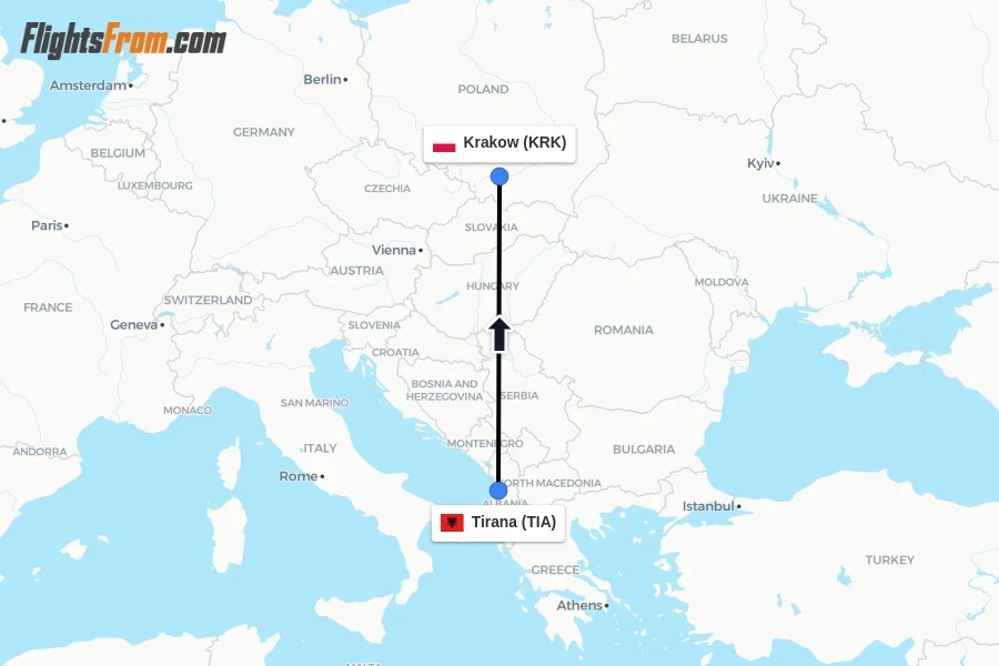 Flights from Tirana to Krakow route map