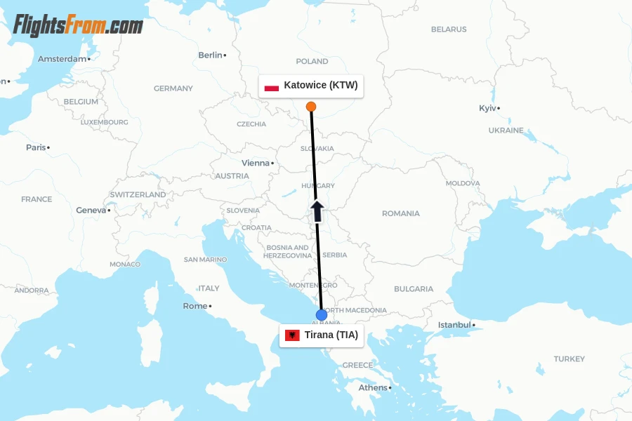 Flights from Tirana to Katowice route map