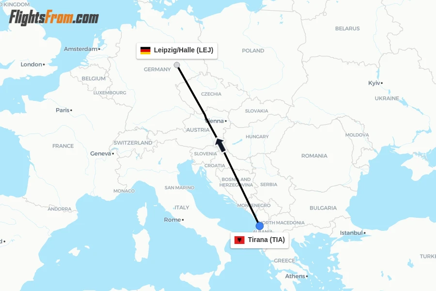 Flights from Tirana to Leipzig/Halle route map