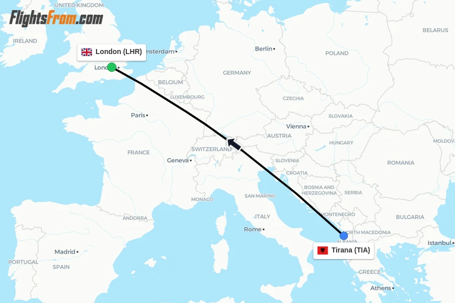 Flights from Tirana to London route map